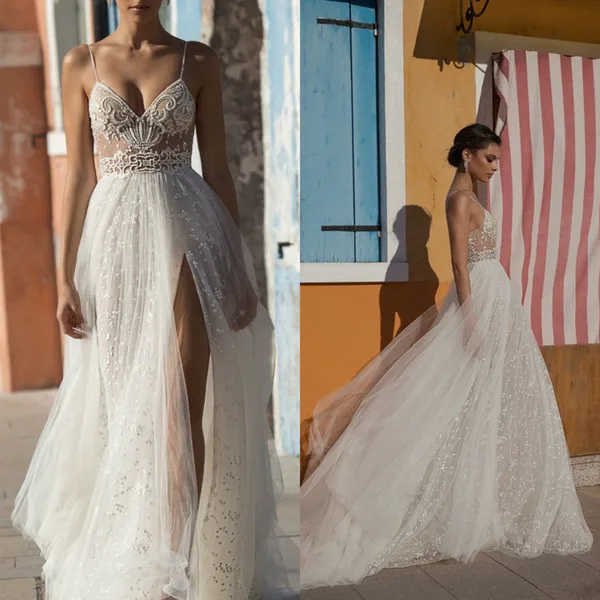 2018 Gali Karten Beach Wedding Dresses Side Split Spaghetti Illusion Sexy Boho Wedding Gowns Sweep Train Pearls Backless Bohemian Bride