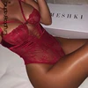 Cryptographic Red Strappy Lace Up Bodysuit Sexy Backless Jumpsuit Female Body Mesh Sheer Lace Cut-Out Teddy Push Up Bodysuits 1
