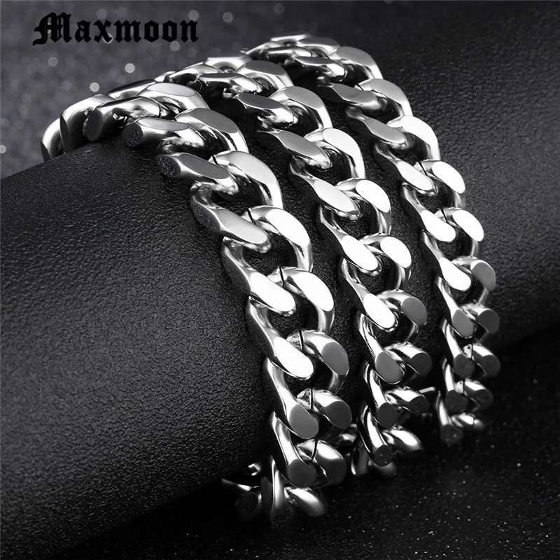 

Maxmoon Mens Bracelet Chain Polished Stainless Steel Silver Black Gold Chains Bracelet for Men Cuban Link 3/4/6/71mm