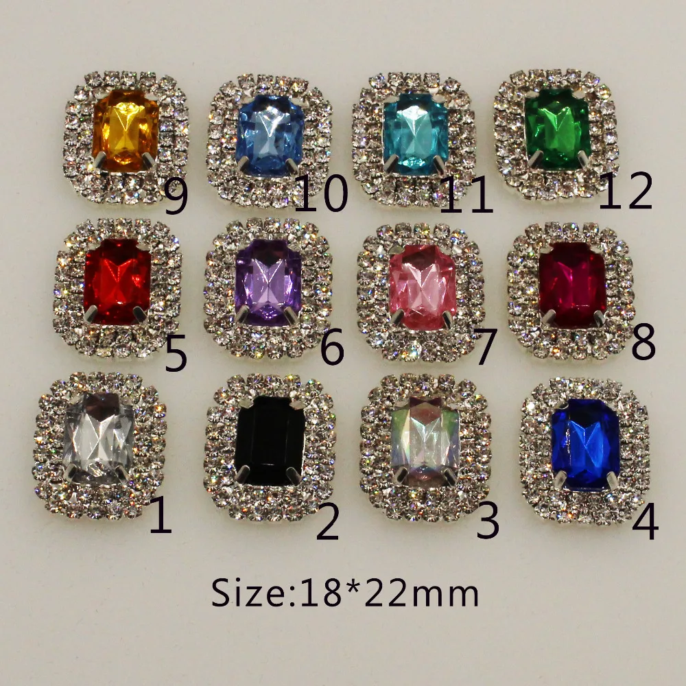 

New 10Pc 18*22MM Rectangle Double row rhinestone button Brass metal Wedding Invitations Decorate hair flower center scrapbooking