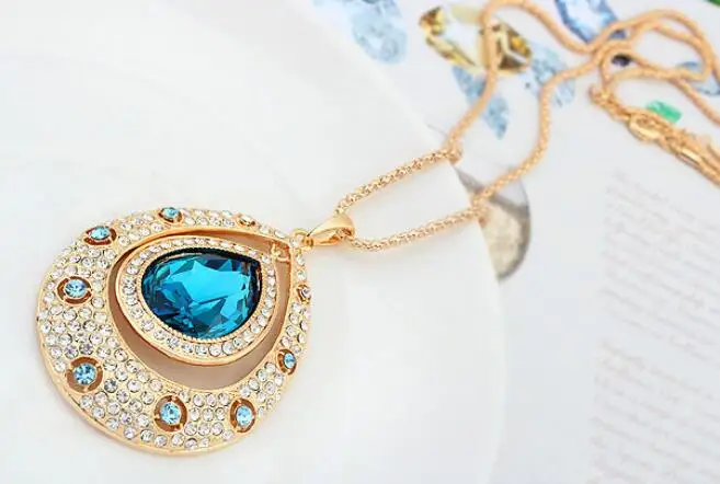 Кристаллами от Swarovski элегантное женское золотистое длинное ожерелье с цепочкой