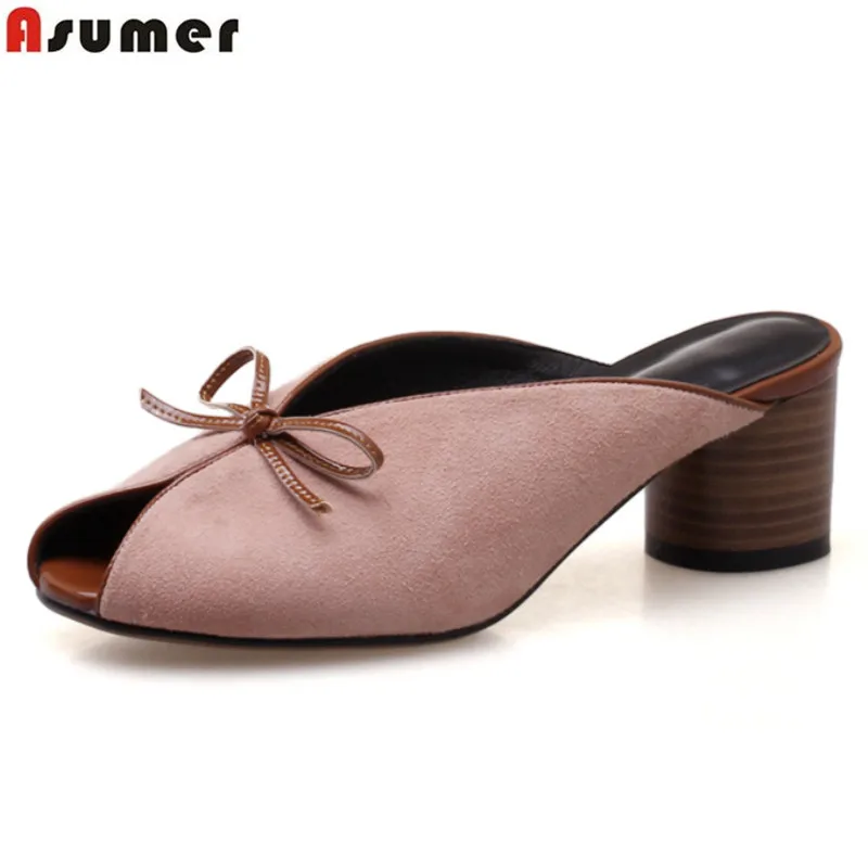 

ASUMER 2018 women sandals genuine leather round toe high heels women mules party wedding shoes woman bowtie casual ladies shoes