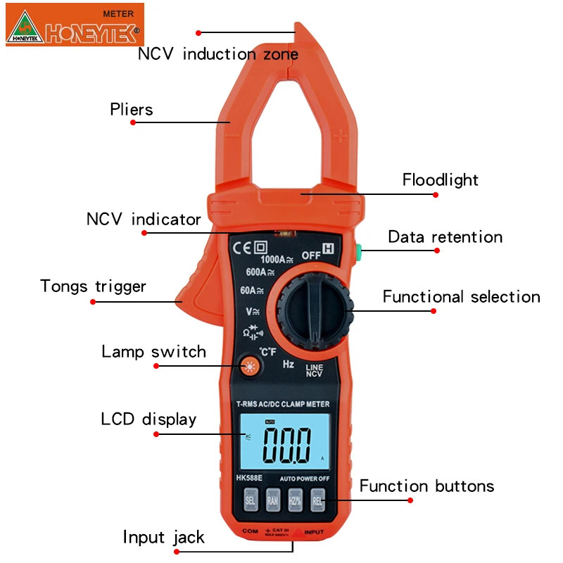 HONEYTEK True RMS мини цифровой токовые клещи 1000A ACA/DCA Авто Диапазон VFC кепки FREQ TEMP НТС мультиметр HK588E Напряжение метр