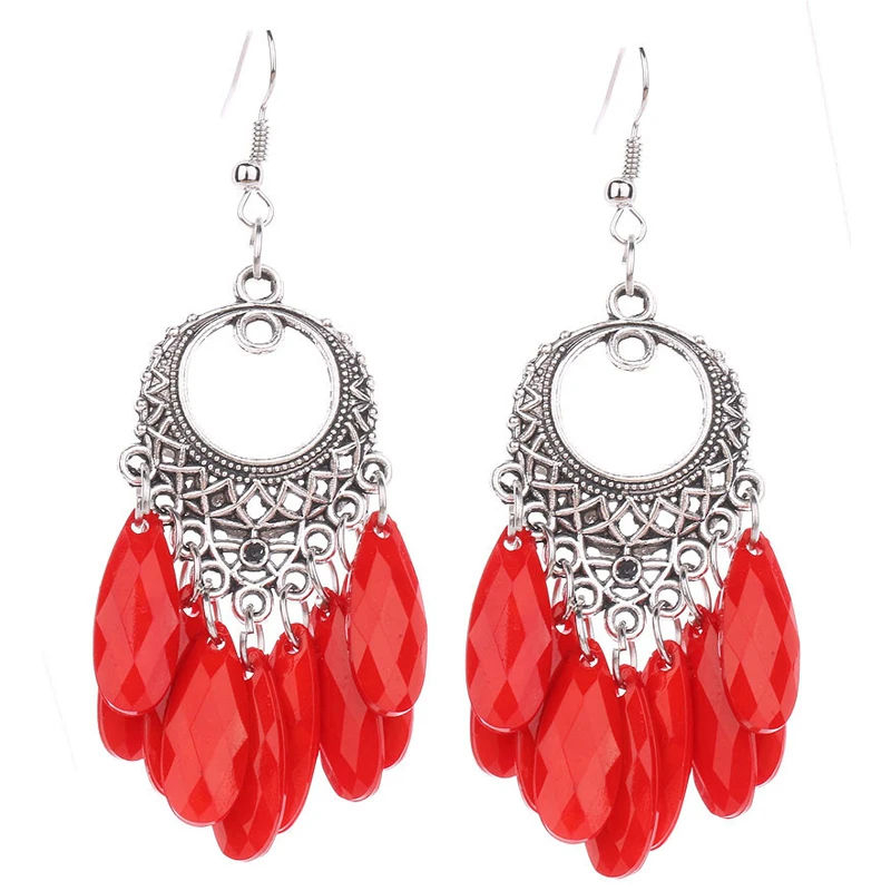 

7 color option Bohemia Colored Resin Pendant Drop Dangle Earrings Tibetan Antique Silvery Piercing Earrings