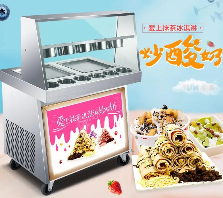 

Electric Roll Ice Cream Machine Commercial Ice Fried Machine with Double Frying Pans + Barrels