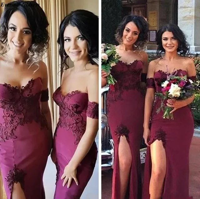 Special Price Burgundy Bridesmaid Dresses Long Sexy High Split Off Shoulder Lace Appliques Zipper Back Prom Party Gowns Wedding Guest Dresses Special Price Burgundy Bridesmaid Dresses Long Sexy High Split Off Shoulder Lace Appliques Zipper Back Prom Party Gowns Wedding Guest Dresses