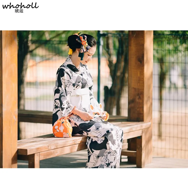 

WHOHOLL Japanese Traditional Women Wafuku Long Kimono Yukata Cosplay Costumes Cat Print Dress Gown Sleepwear Bathrobe Feminino