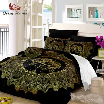 

Mandala Elephant Duvet Cover With Pillowcase Black Golden Bedding Set Queen Size Boho Bed Set Quilt Cover Drop Shipping A27