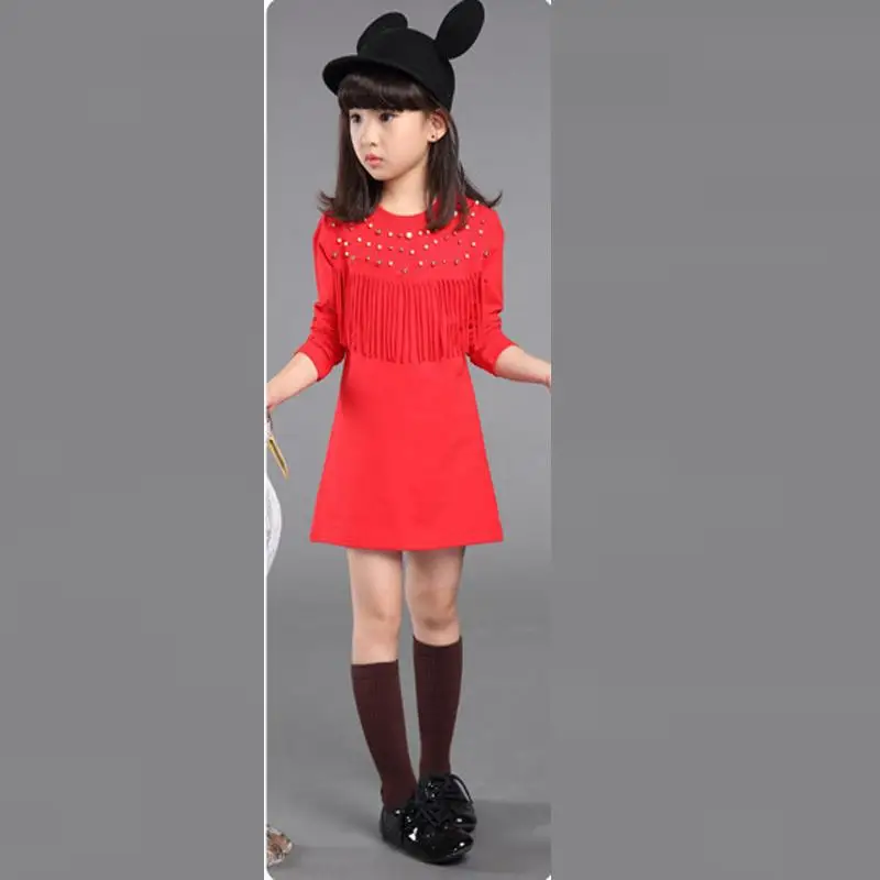 Хлопковое платье для девочек, Повседневные детские платья с длинными рукавами и бусинами и кисточками для девочек 3, 4, 5, 6, 7, 8, 9, 10, 11, 12 лет, детская одежда - Цвет: Красный