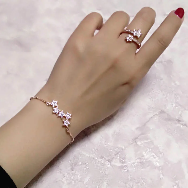 SINLEERY женский набор звездных украшений с кристаллами, Набор браслетов и колец розового/белого золота для свадебных аксессуаров TZ017 SSG