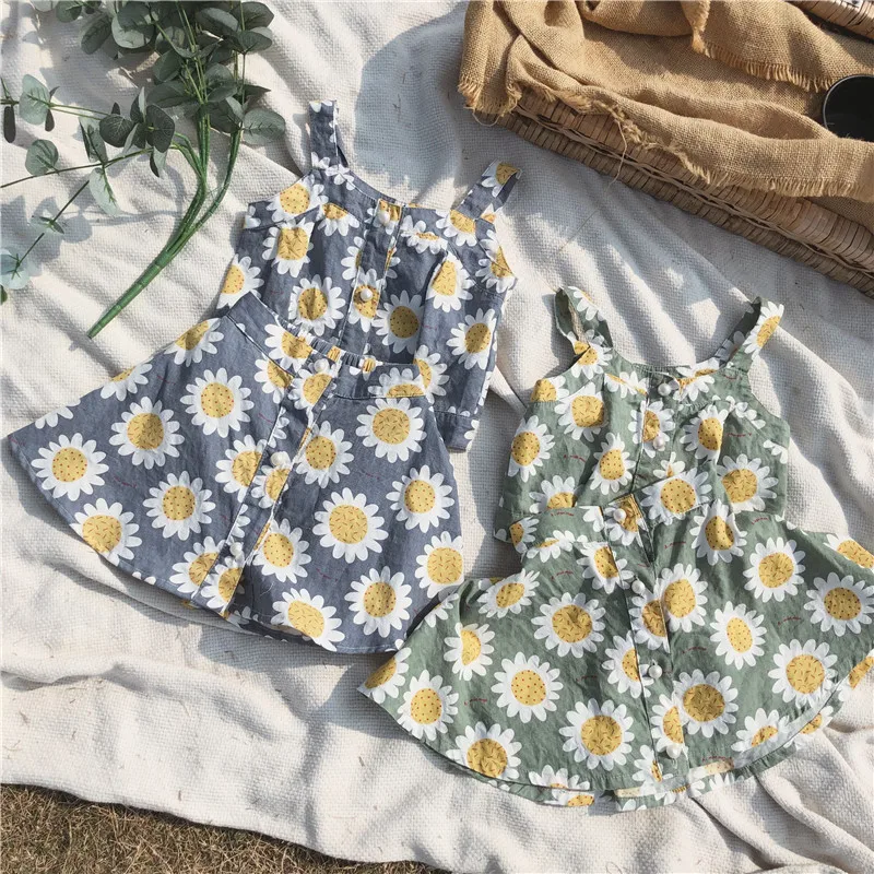 

2019 Summer New Girls Sleeveless Tops with Skirt Sunflower Suit Baby Kids Cotton Vest+shirts Two Pieces Set Toddler Cloth Sets