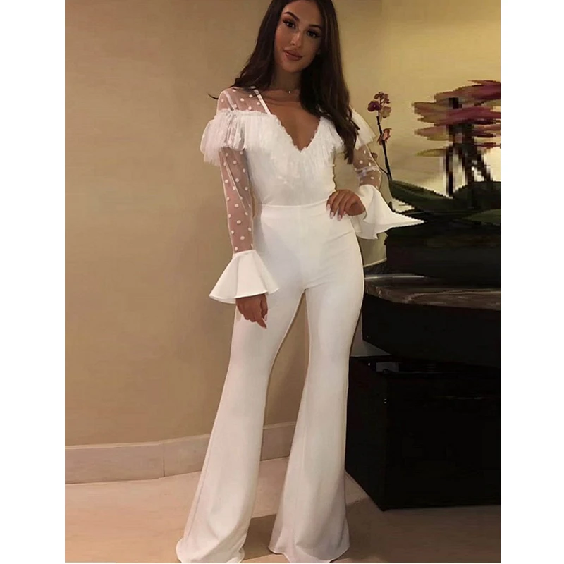 

2019 Women's Rompers New Arrived Lace Jumpsuit Elegant Flare Sleeve V Neck Sheer Lace White Bandage Jumpsuit Party Outfits Club