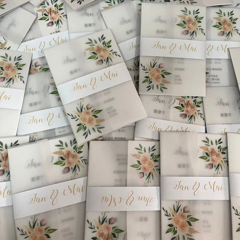 Подгонянное веллум Свадебное приглашение из бумаги с цветочным дизайном AI004