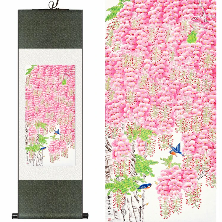 

Chinese Silk watercolor flower & birds pink flowers ink art feng shui canvas wall picture damask framed scroll painting gift