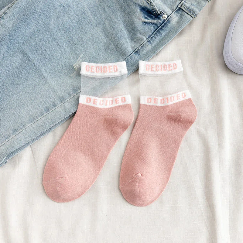 1 пара, корейский стиль, женские хлопковые шелковые носки, яркие цветные кружевные носки с буквенным принтом, Женские Повседневные Дышащие Короткие носки - Color: pink