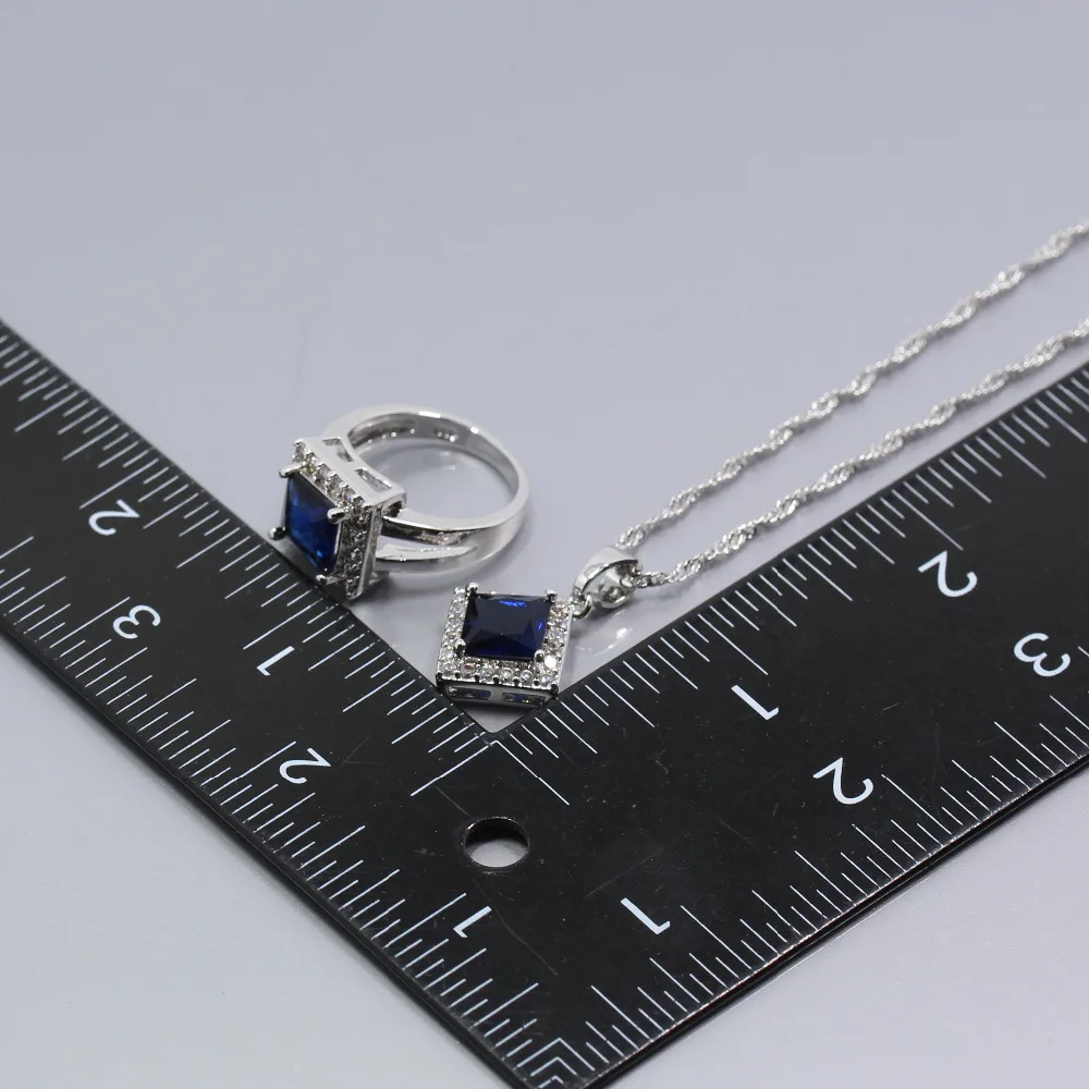 Очаровательный 925 серебряный цвет синий циркон набор украшений для женщин серьги кольцо подвеска Ожерелья Цепочка подарочная коробка T41