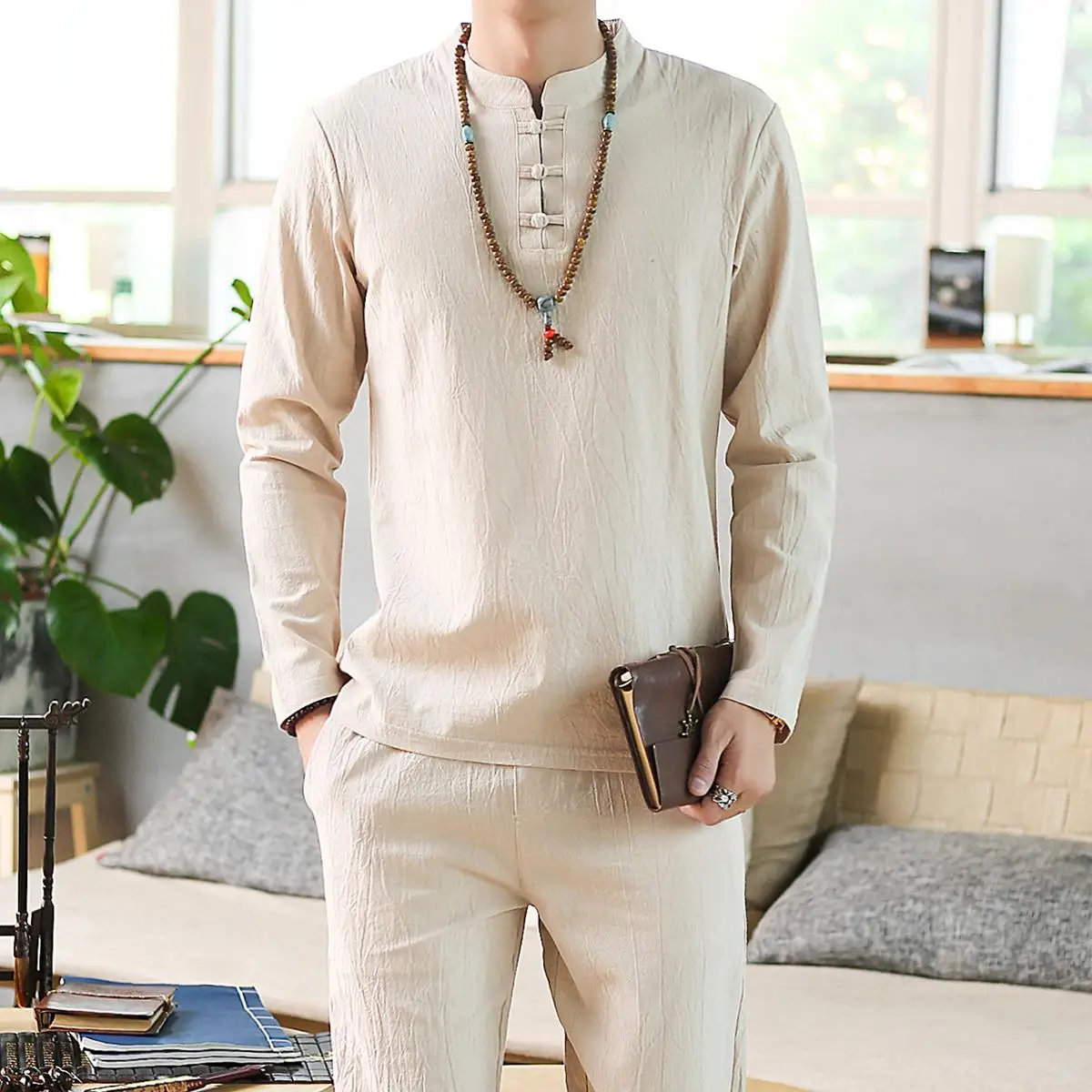 

LOLDEAL Summer Men's Long Sleeve Pants Set Linen Chinese Large Size Men's Solid Color Long Sleeve T-Shirt Set