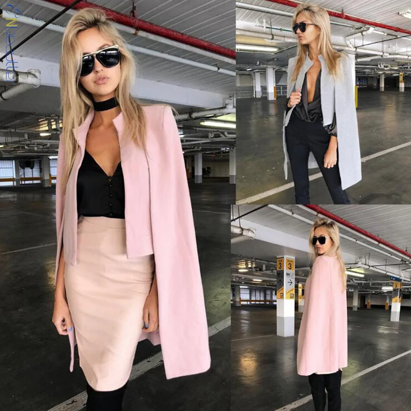 Long Gray De Printemps Blazer Personnalisé Cape Poncho Ouverte pink Deux Avant Femmes Manteau Enbeautter Tranchée Manteaux Pièce Faux Costumes w7TSxq1f