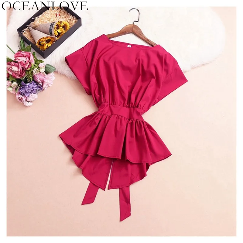 

OCEANLOVE 2019 summer bow lace up chiffon blouses women solid irregular slim korean blusas ruffles o-neck fashion shirts 12365