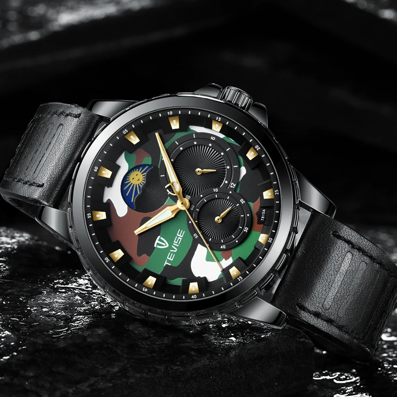 

Tevise Men's Self-Wind Moon Phase Mechanical Watches Automatic Skeleton Watch Men Leather Wristwatches Relojes Hombre T815A