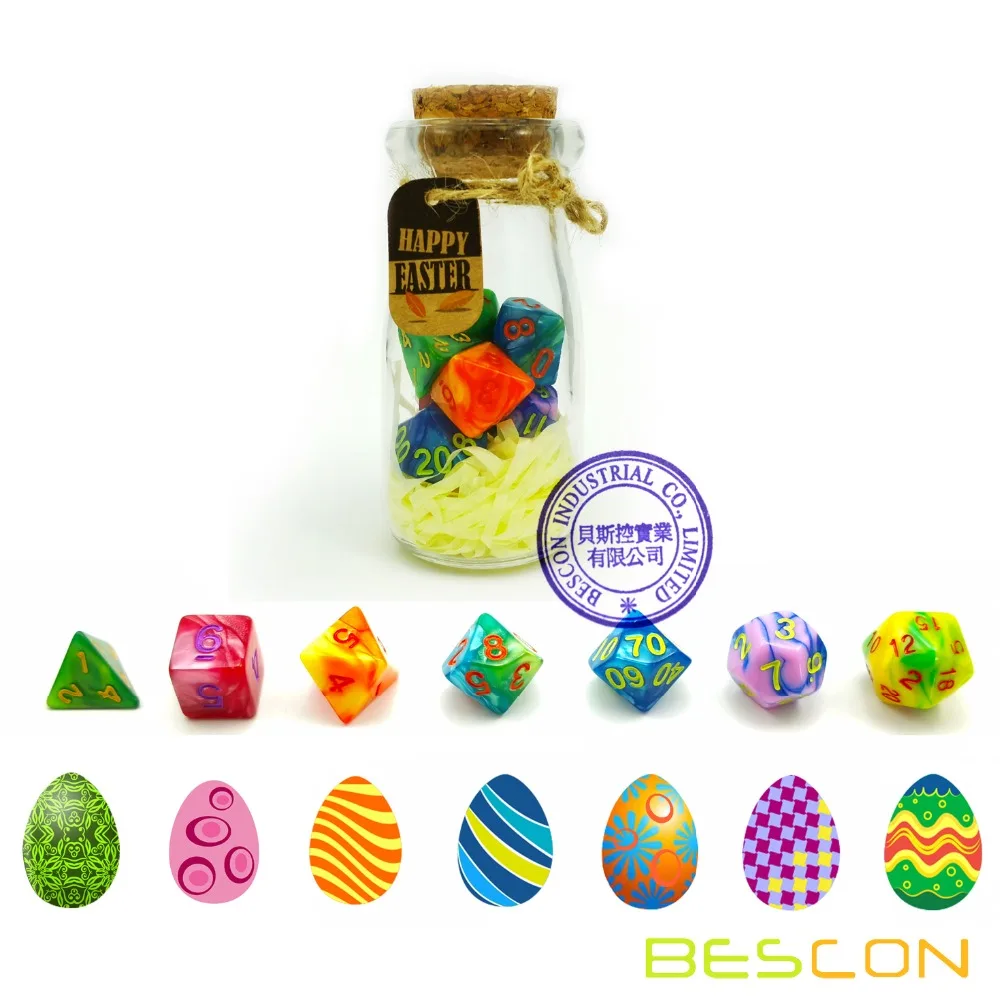 

Bescon Easter Dice Polyhedral Dice 7pcs RPG Set in Glass Jar, RPG Dice Set d4 d6 d8 d10 d12 d20 d% Set of 7 Easter Dice-DnD Dice