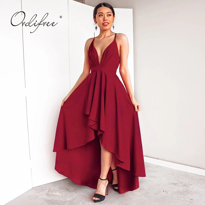 

Ordifree 2019 Summer Long Beach Dress V Neck Elegant Asymmetrical Spaghetti Strap Backless Red Maxi Party Dress