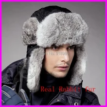Hohe Qualität 2016 Winter Herren Pelz Bomber Hüte Mit Ohrenklappen Warm Russian Echten Kaninchenfell Caps