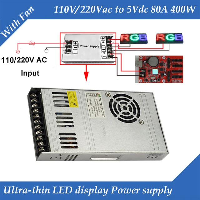 

Special LED display power supply With Fan Ultra-thin 110/220VAC input, 5V 80A 400W output
