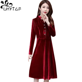

UHYTGF Womens Spring Dresses fashion gold velvet sweet Female Plus size dress long-sleeved pullover temperament ladies dress 248