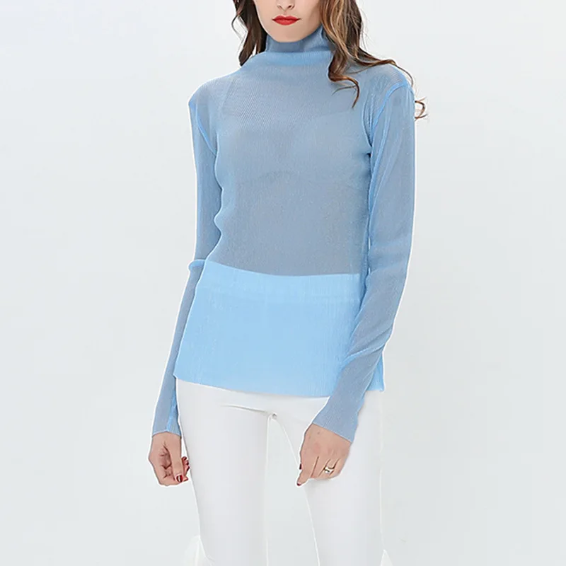 

Pleated sunscreen shirt top female Net mesh translucent sexy T-shirt Slim long sleeves Lace shirts