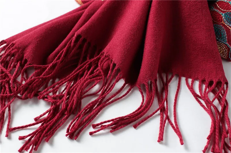 Зимний шарф винтажный Женский кашемировый шарф с вышивкой Толстая теплая шаль накидка однотонного цвета Пашмина женский зимний шарф