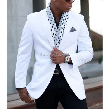 

White Slim Fit Men Suit for Wedding Prom Groom Tuxedos Notched Lapel 2 Piece Jacket Black Pants Set Man Dress Smoking Costumes