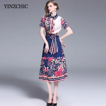

Elegant Woman Floral Print Suit Turn-down Collar Blouse A-line Skirts Set for Woman Work Party Summer New Two-pieces Suit Woman