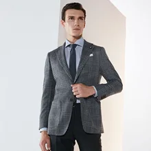 Шерстяной Блейзер Мужская одежда серый плед Осень Зима Свадебный Жених Бизнес Мужская одежда длинный рукав однобортный пиджак