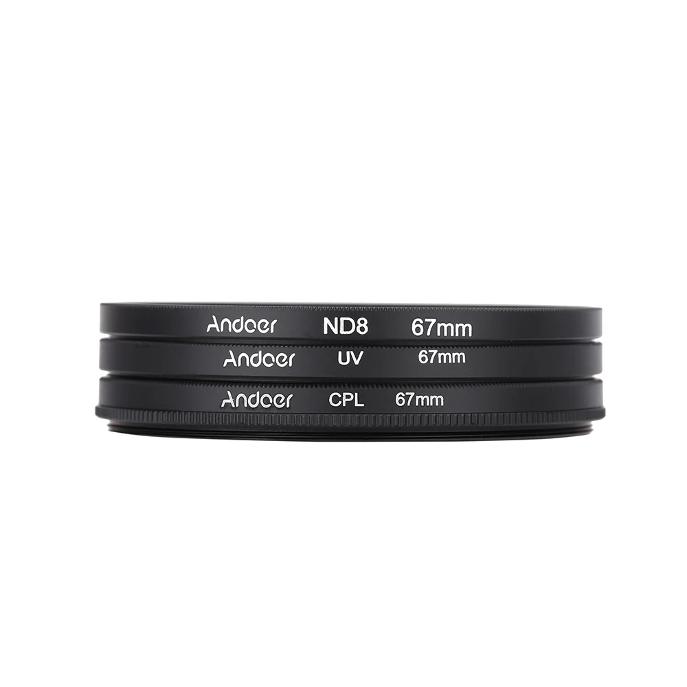 Andoer 67mm UV+ CPL+ ND8 набор фильтров Циркулярный поляризационный фильтр ND8 набор УФ-фильтров с нейтральной плотностью фильтр для фотоаппарата Nikon Canon Pentax sony DSLR Камера