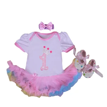 

Baby Rompers 3PCs Infant Clothing Set Baby Girls Rainbow Pink 1st Birthday Tutu Dress Jumpersuit Headband Shoes