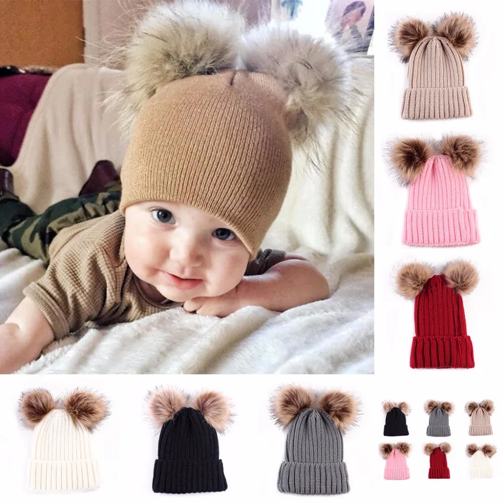 

Baby Toddler Girls Boys Warm Hat Winter Beanie Double Ball Earflap Knitted Cap Fashionable novel fuzzy headdress cute chapeau