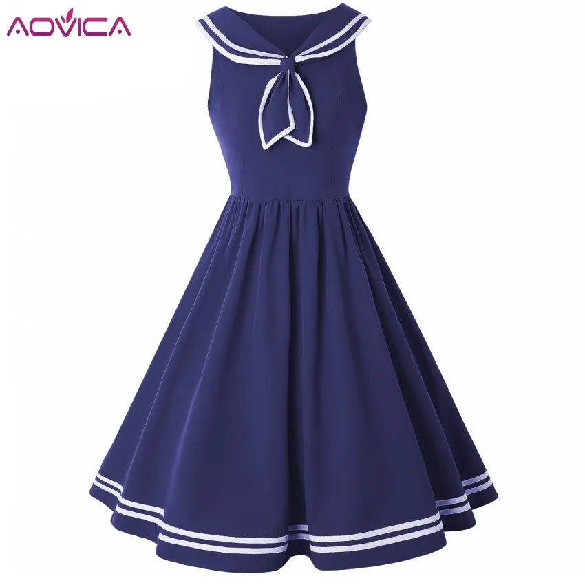

Aovica Women Robe Pin Up Dress Retro Vintage 50s 60s Rockabilly Swing Summer female Dresses Sailor Collar Elegant Tunic Vestidos