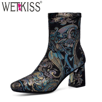 

WETKISS Colorful Print Ankle Boots Women High Heels Thick Booties Square Toe Shoes Female Stretch Shoes Ladies Autumn 2019 New