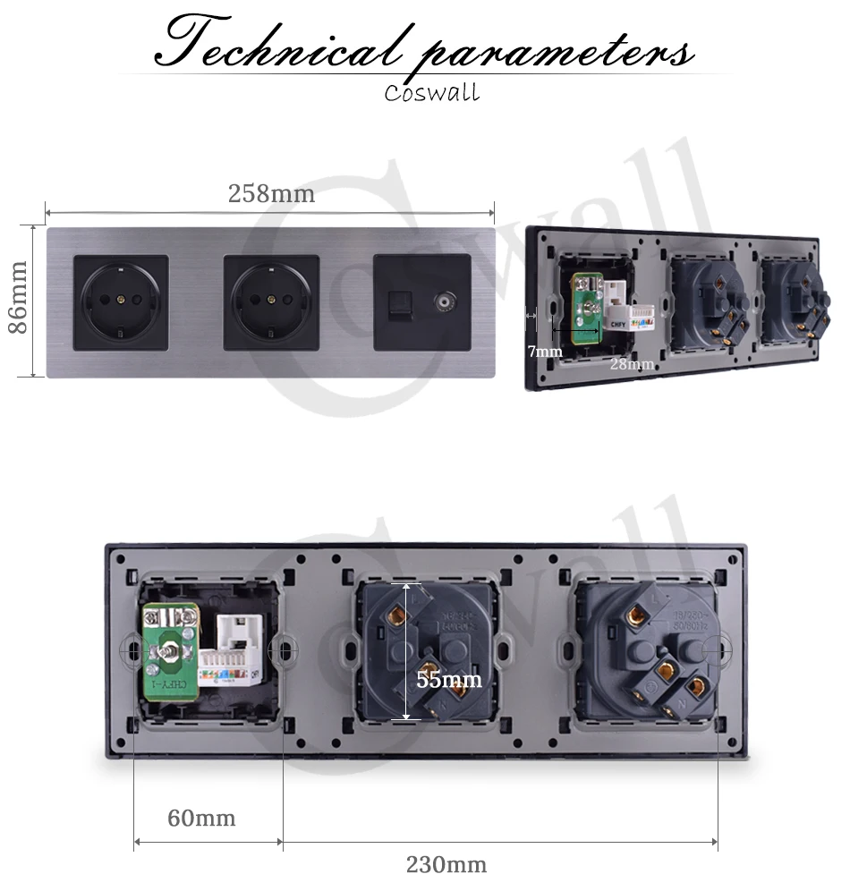 COSWALL нержавеющая сталь панель двойная розетка 16A ЕС розетка+ женский ТВ разъем с RJ45 CAT5E Интернет порт серебряный черный