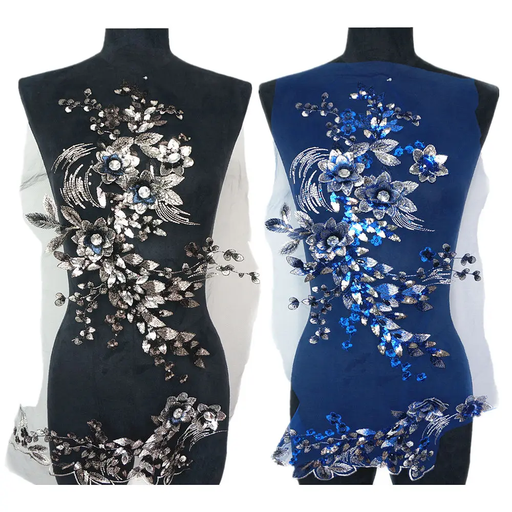 

Black Blue Fabric 3D Flowers Beads Sequins Rhinestone Appliques Embroidery Lace Trims Mesh Sew On Patch For Wedding Dress DIY