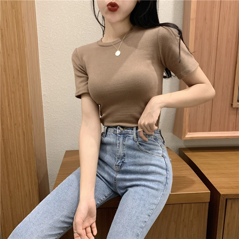 

MLXSLKY 2019 spring and summer new Slim short-sleeved T-shirt solid color round neck women's T-shirt