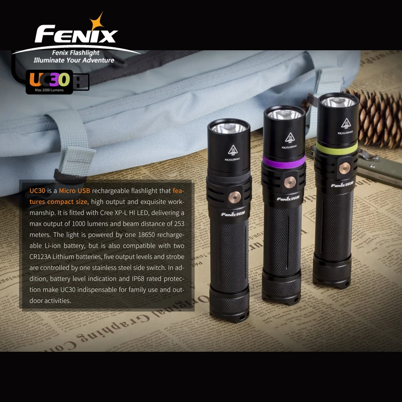  1000 Lumens Fenix UC30 2017 Cree XP-L HI V3 LED Torch Rechargeable Micro USB Flashlight with 2600mA - 32973741962