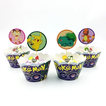 

120pcs/lot Cartoon Pokemon Pikachu Set Cupcake Wrappers Topper Cake Decoration kids Birthday Party Cupcake Baking Paper Supplies