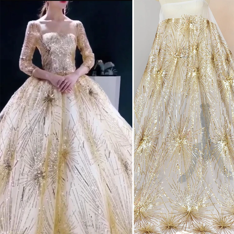 

high end gold sequins embroidery lace fabric Wedding Dress Tulle Skirt Material fabrics for patchwork kumas telas por metros