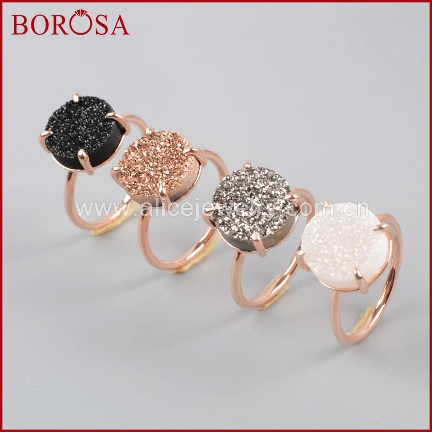 BOROSA Druzy каменное кольцо 12 мм круглое розовое золото черный серебряный цвет коготь