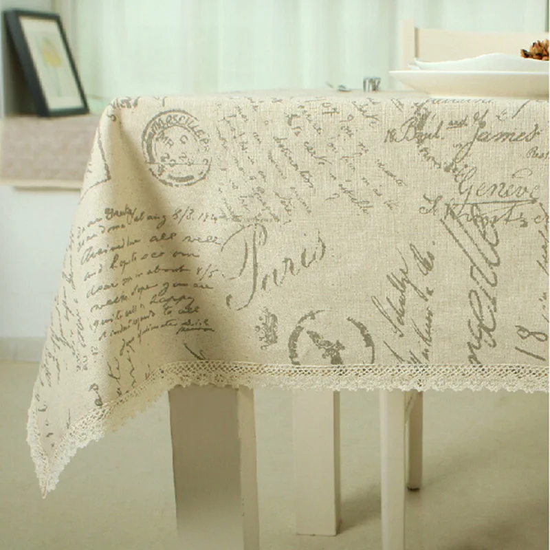 Europe Style Linen Cotton Table Cloth Rectangular Lace Edge Tablecloth Letter Pr