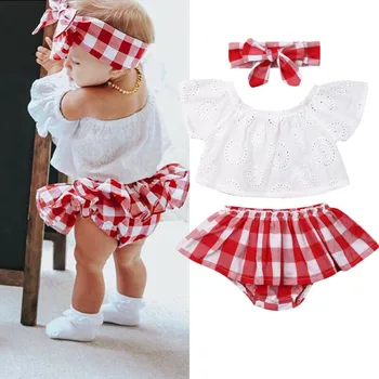 0-24M 3pcs Baby Girls Clothes Set Solid White Off Shoulder Shirt Tops Red Plaid Skirts Girls Hairband Kids Set Baby Girl Outfits 1