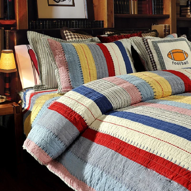 CHAUSUB Cotton Bedspread Patchwork Quilt Set 3pcs Stripe Coverlet Aircondition Quilts Bedcover Bed Sheets Pillowcase King Size