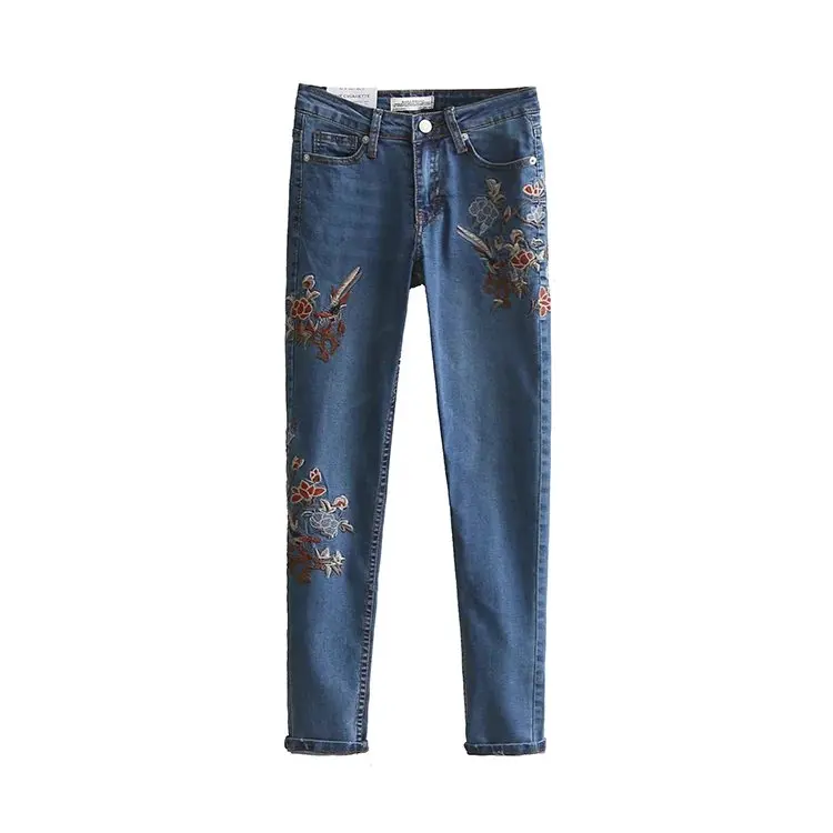 Skinny Uccello Colture Pantaloni Blu Donna Fiori 2017 Ricamo